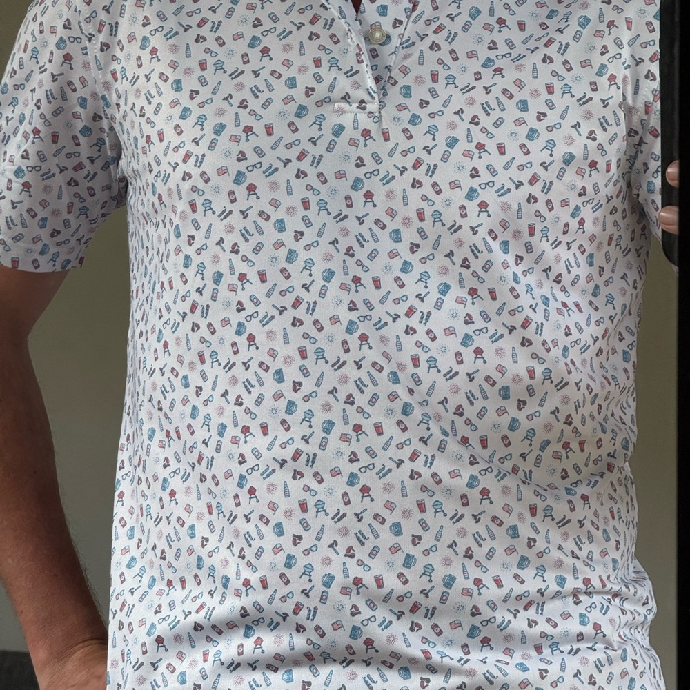 Southern Tide White Polo with Red & Blue Novelty Print